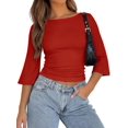thumbnail image 2 of Women's 3/4 Sleeve Top Ruched Waist Fitted Tops for Women Crop Boat Neck Ribbed Bell Sleeve Flare Red S, 2 of 8
