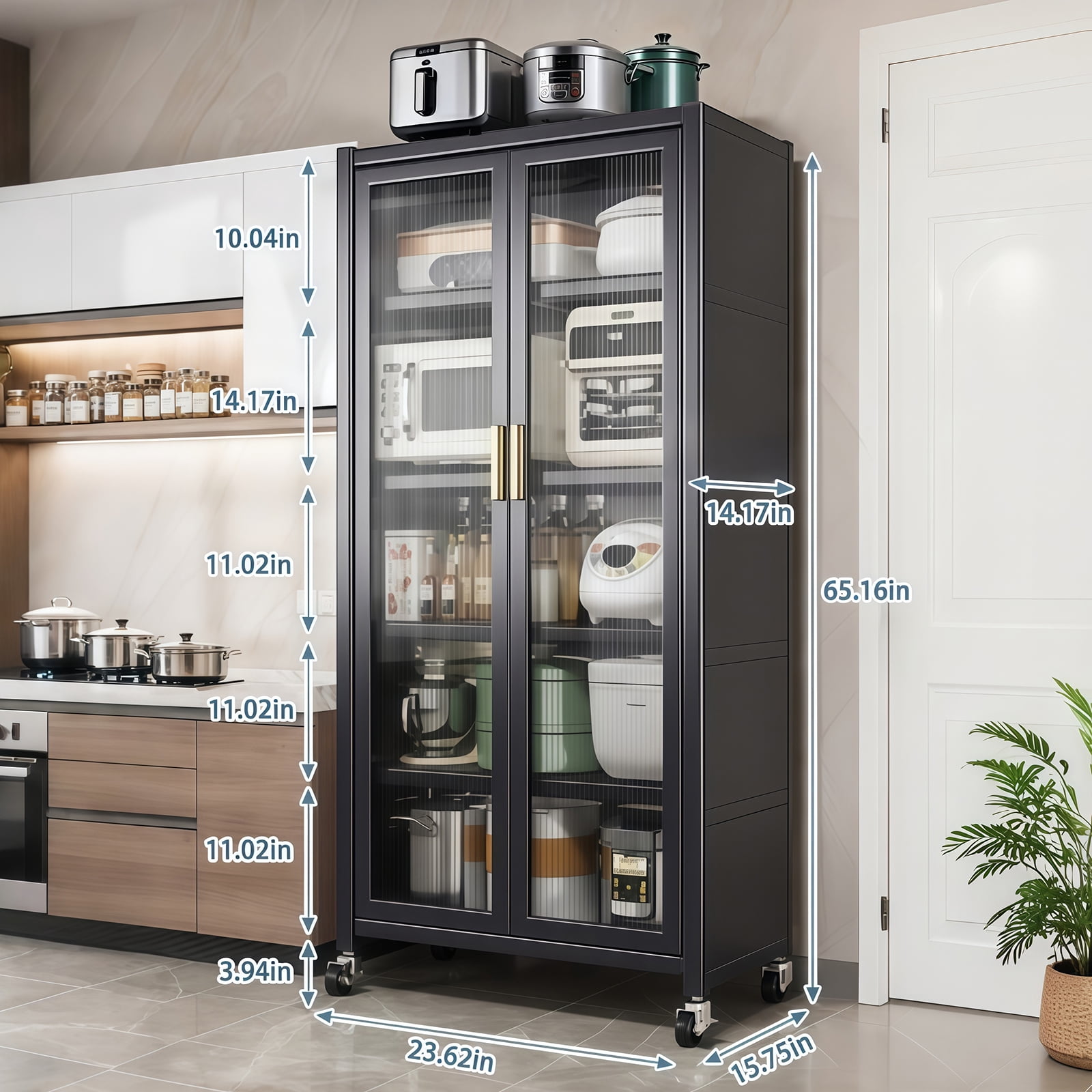 65" Kitchen Pantry Cabinet, 5 Tier Metal Display Storage Cabinet with Transparent Door, Adjustable Shelves & Wheels, Food Pantries Cabinets, for Kitchen, Living Room and Dining Room