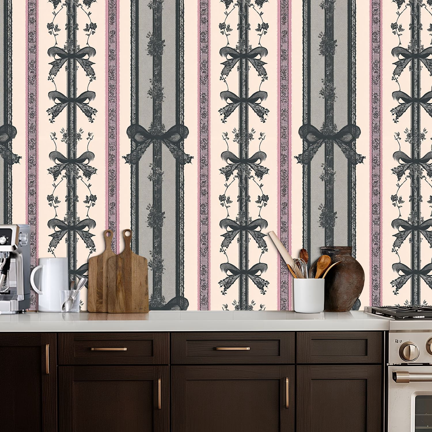 Peel and Stick Wallpaper Ornate Victorian Ribbon Floral Stripe Soft Pink Black Wall Mural 17.7in x 9.8ft Self Adhesive Removable Wall Paper Renter Friendly Wallpaper for Bedroom