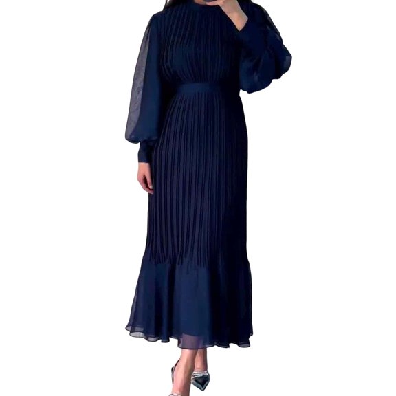 Women Evening Dress Pleated A-line Long Lantern Sleeves Pleated See-through Mesh Stand Collar Tight Waist Ruffle Patchwork Maxi Dress