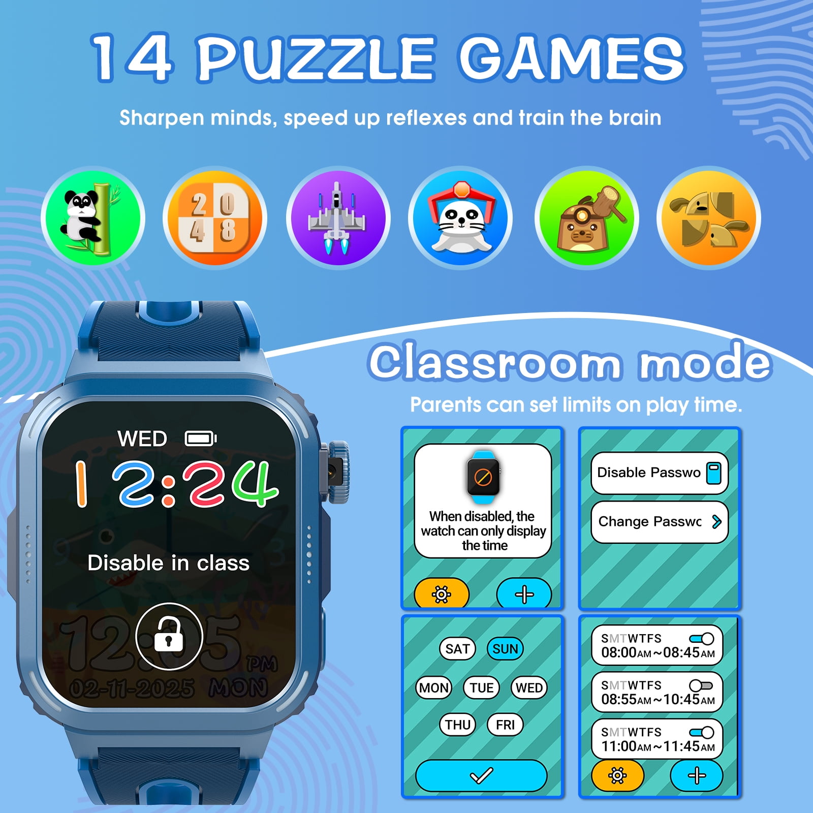 Coucur Kids Smart Watch with Classroom Mode, 1.83 HD Touch Screen Smartwatch for Kids, Learn Cards, Camera, Music Player, 14 Puzzle Games, 100 Sports Modes, IP68 Waterproof, Best Gift for Kids