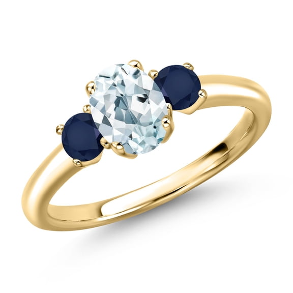 Gem Stone King 10K Yellow Gold Sky Blue Aquamarine and Blue Sapphire Engagement Ring for Women | 1.19 Cttw | Oval 7X5MM | Gemstone March Birthstone | Size 8