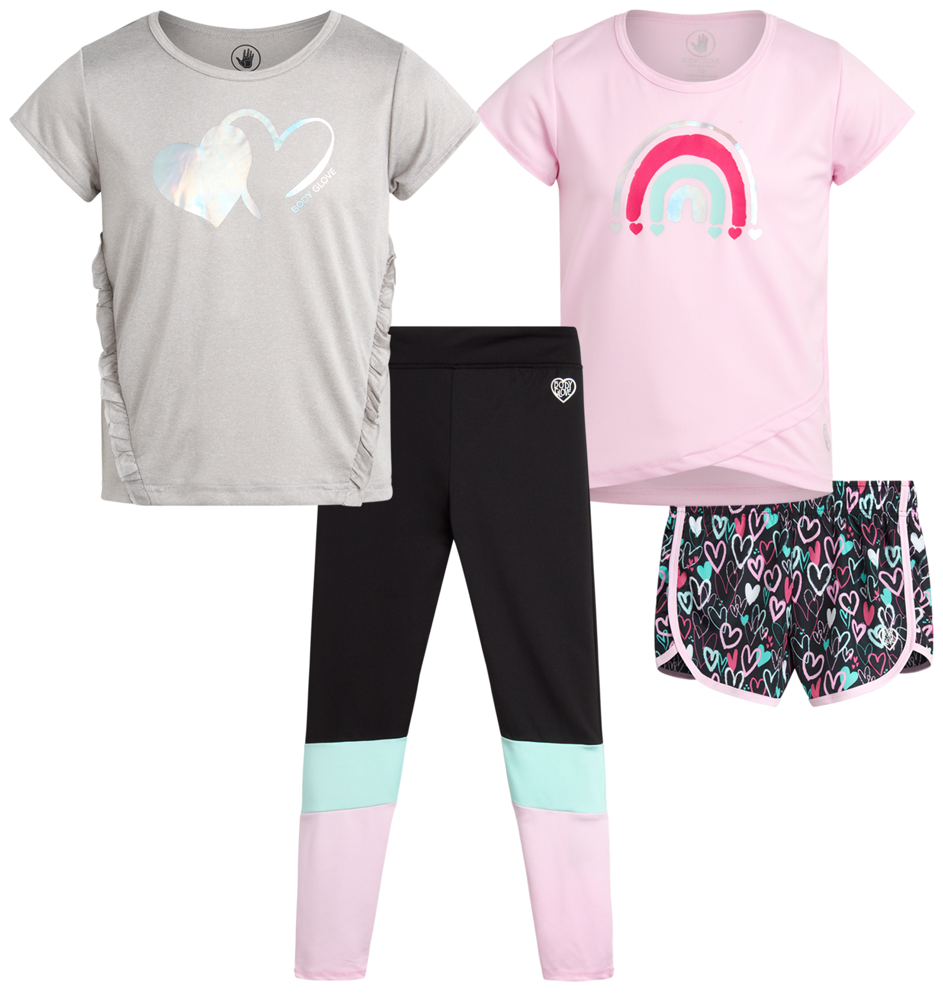 Body Glove Girls’ Active Shorts Set 4 Piece TShirt, Tank Top, Bike Shorts, Leggings (712