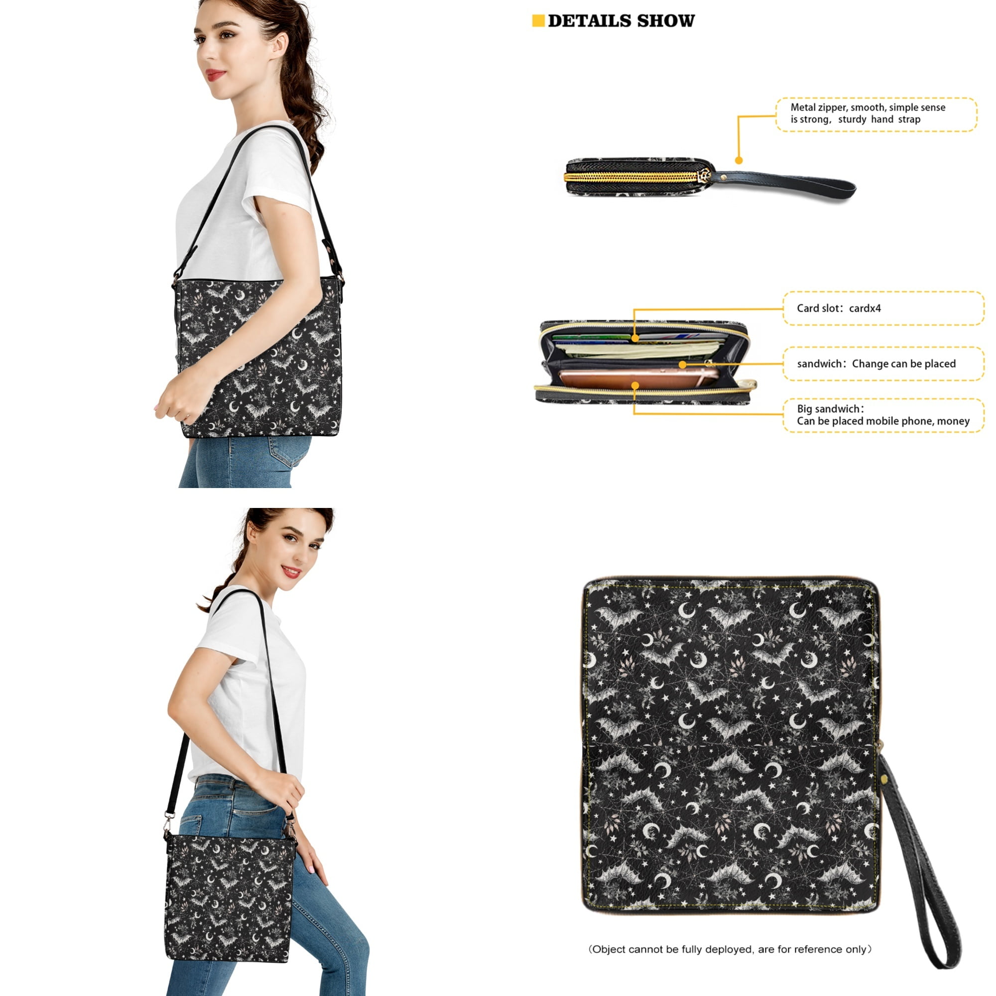 ZUXONGSY Bat Moon Print Womens Bucket Crossbody Bag Set Leather Crossbody Handbag with Wrist Wallet for Shopping Travel