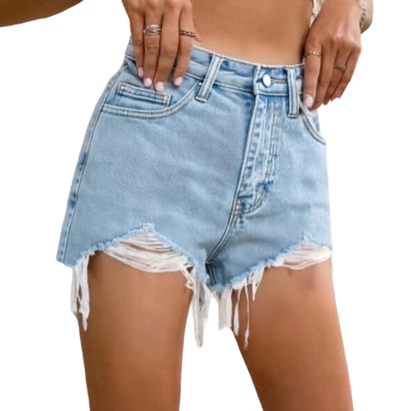 Women's Stylish Ripped Summer Denim Shorts, Tassels Hem Stretchy High Waisted Sexy Jean Shorts with Pockets