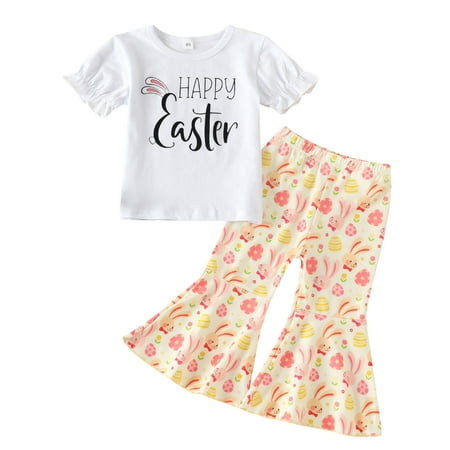 

ZIZOCWA Baby Dress Sets for Girls Toddler Girls Easter Short Sleeve Cartoon Rabbit Printed T Shirt Pullover Tops Bell Bottoms Pants Kids Outfits Baby Girls Outfits Girls Top And Pants Set Girl Outfi