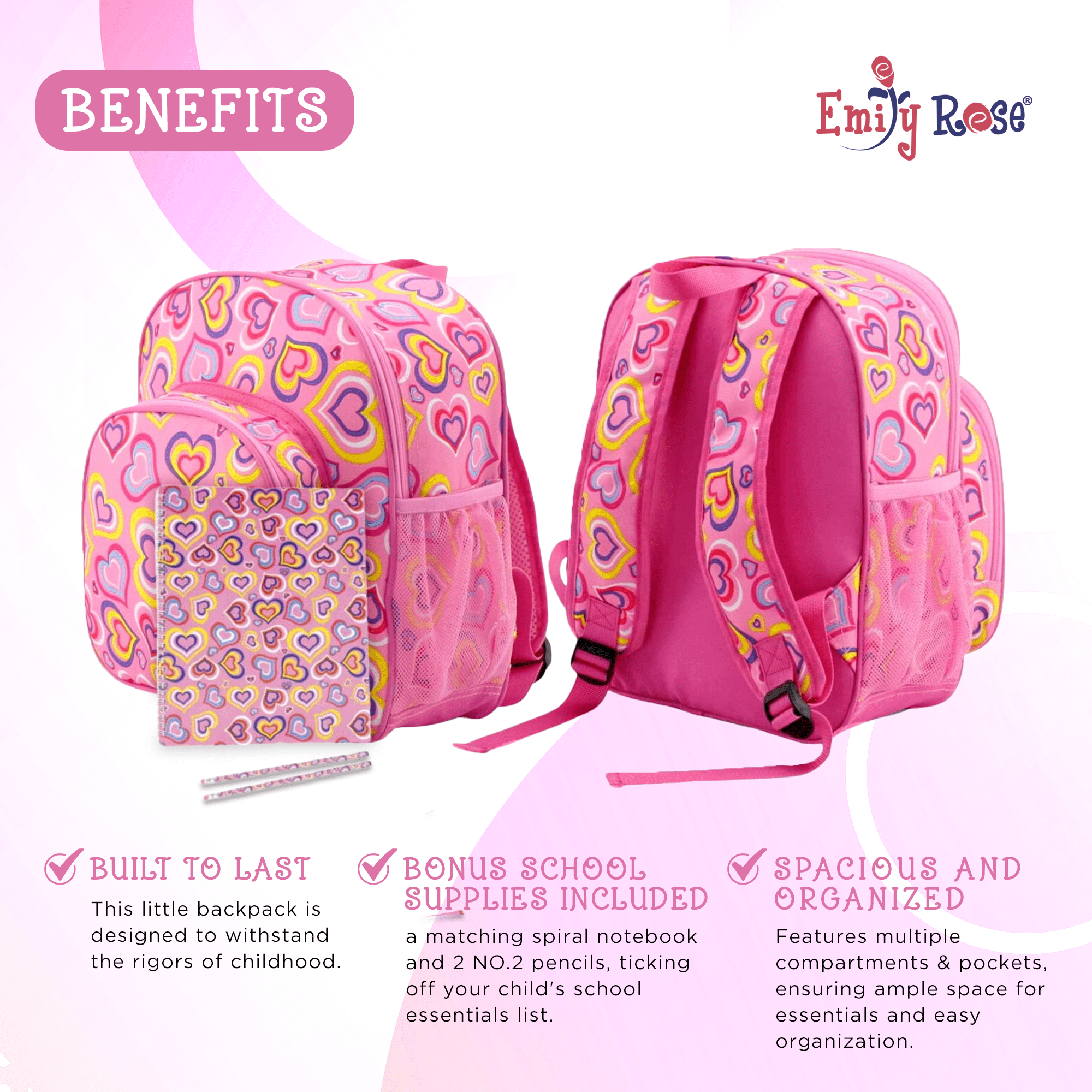 Emily Rose Playful Hearts Girls Heart 3-Piece Reusable Lunch Box, Backpack, and Water Bottle Set