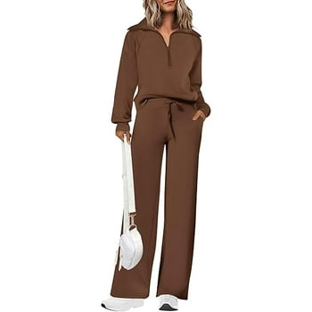PRETTYGARDEN Women's 2 Piece Outfits Casual Lapel Half Zip Sweatshirts And Wide Leg Pants Tracksuit Sets