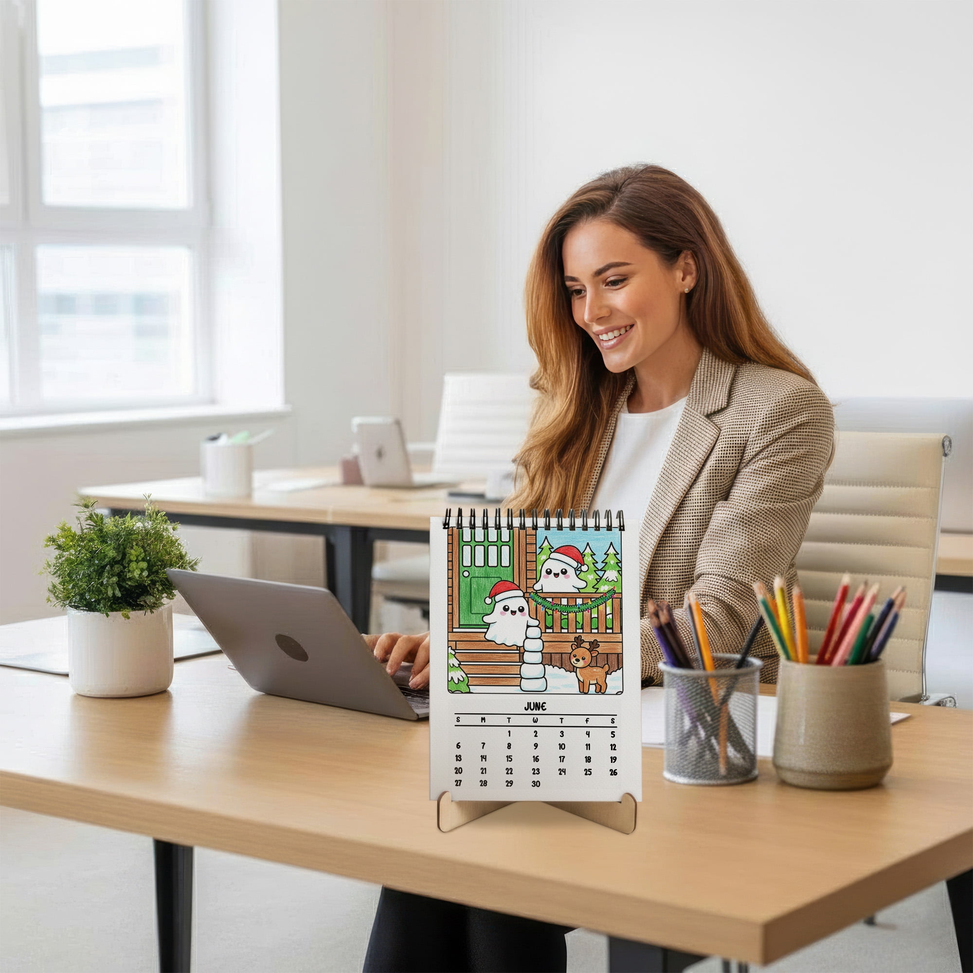 Spooky Xmas Coloring Desk Calendar 2026–2027, A5 Wooden Cover Planner with 26 Easy Coloring Pages for Adult Relaxation, 24 Month Desktop Calendar with Stand, Gift for Family & Friends
