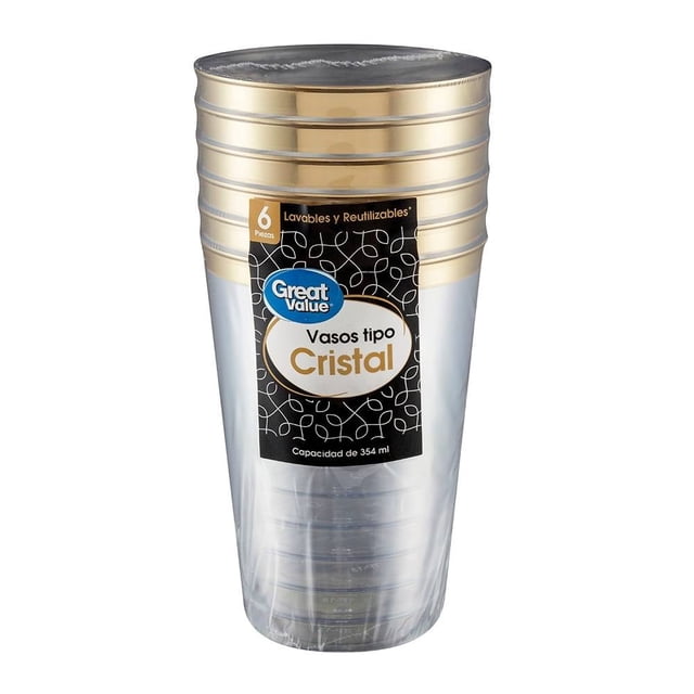 Vasos tipo cristal Great Value lavable y reutilizable con foil oro 6 pzas 12 oz c/u