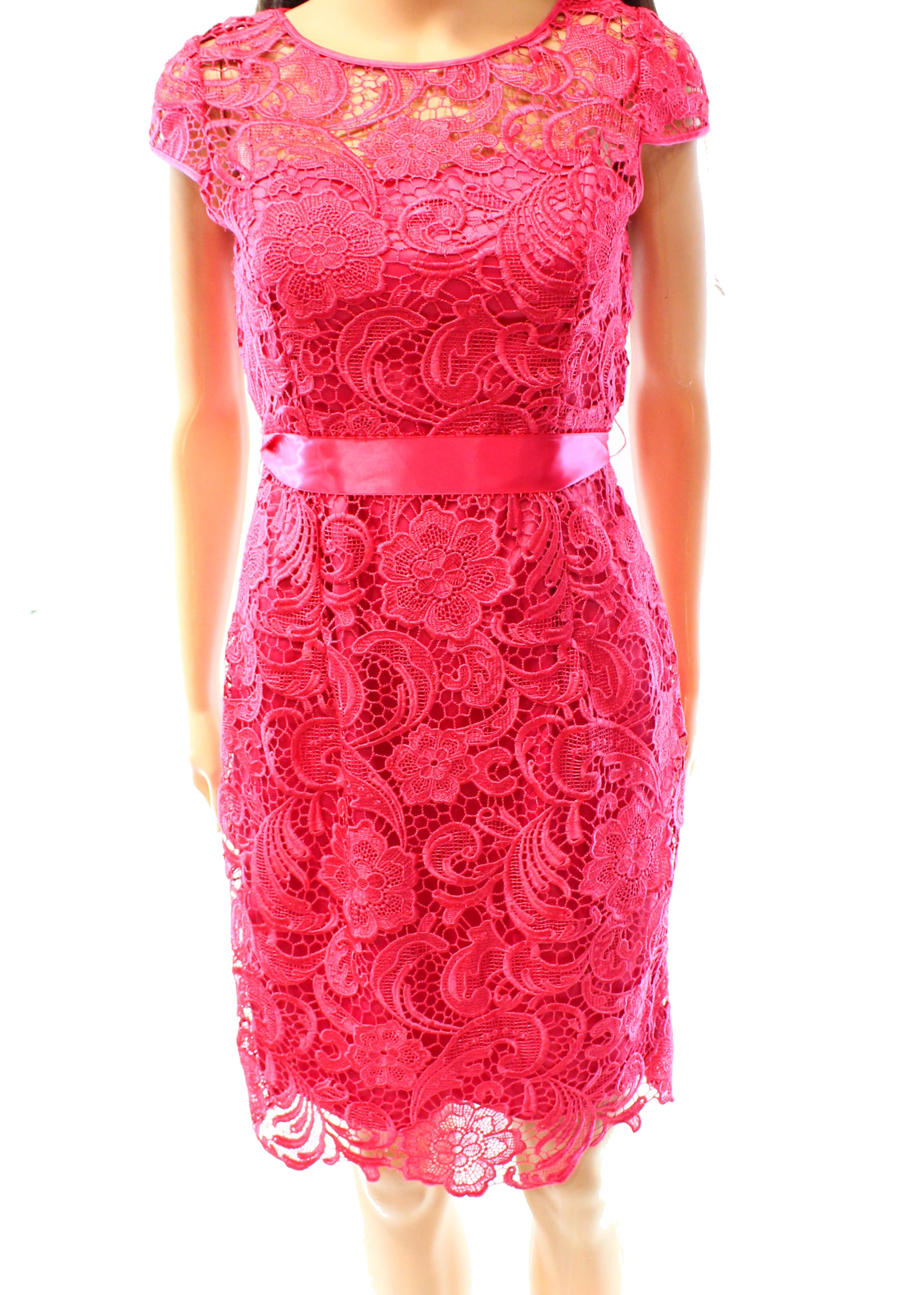 Adrianna Papell Pink Womens RibbonBelt Lace Sheath Dress 189 12