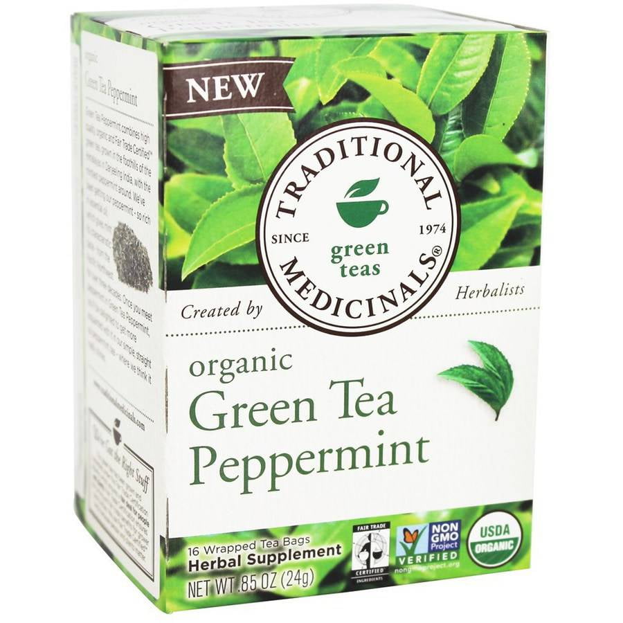 Traditional Medicinals Peppermint Green Tea Bags, 16 count, (Pack of 3