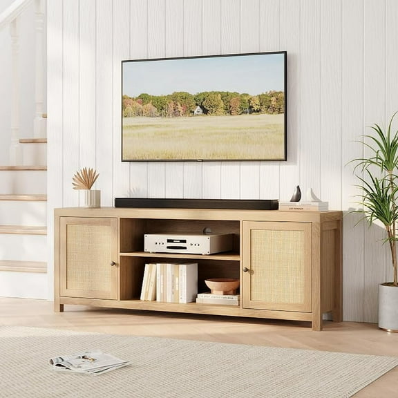 Huisuilinss Rattan TV Stand for 65 Inch TV, Entertainment Center with Storage and Shelves, TV Cabinet with Rattan Doors, Media Console Table For Living room