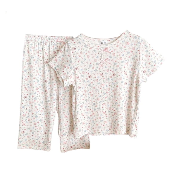 Girls Summer 2 Piece Cotton Outfits Printed Cute Round Neck Short Sleeve T-shirt with Pants Sets Multicolor 8-9 Years