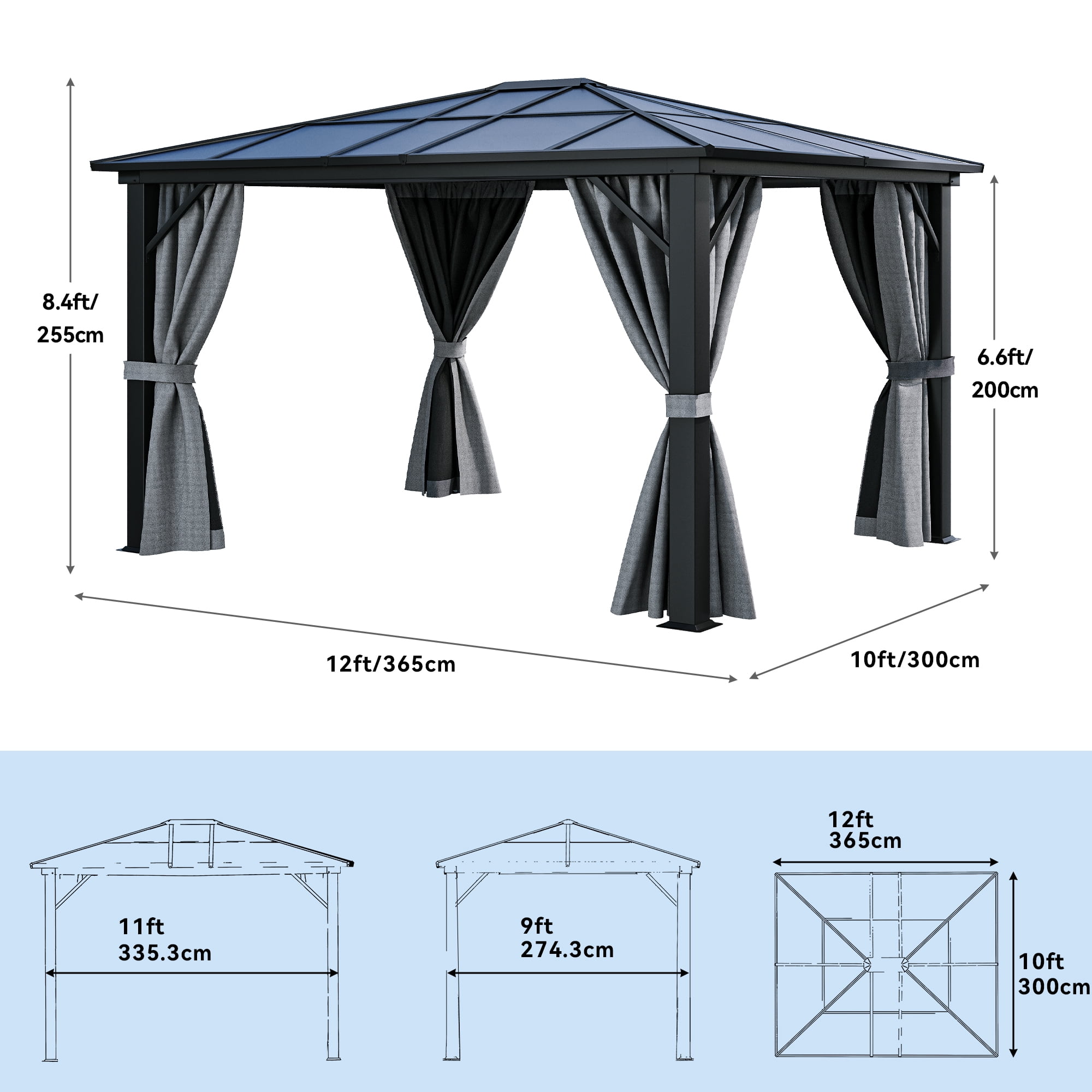 Dextrus 10x12FT Outdoor Single Roof Gazebo Hardtop with Netting&Shaded Curtains,Sturdy Aluminum Frame Garden Tent,Ideal for Patio, Backyard,Deck and Lawns,Grey Curtain