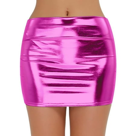 Bramtres Skirts for Women Mini Skirt Women s Shiny Metal Liquid Sexy Wrap Hip Skirt Metallic Color Leather Skirt Summer Skirts Pencil Skirt Hot Pink Dress L