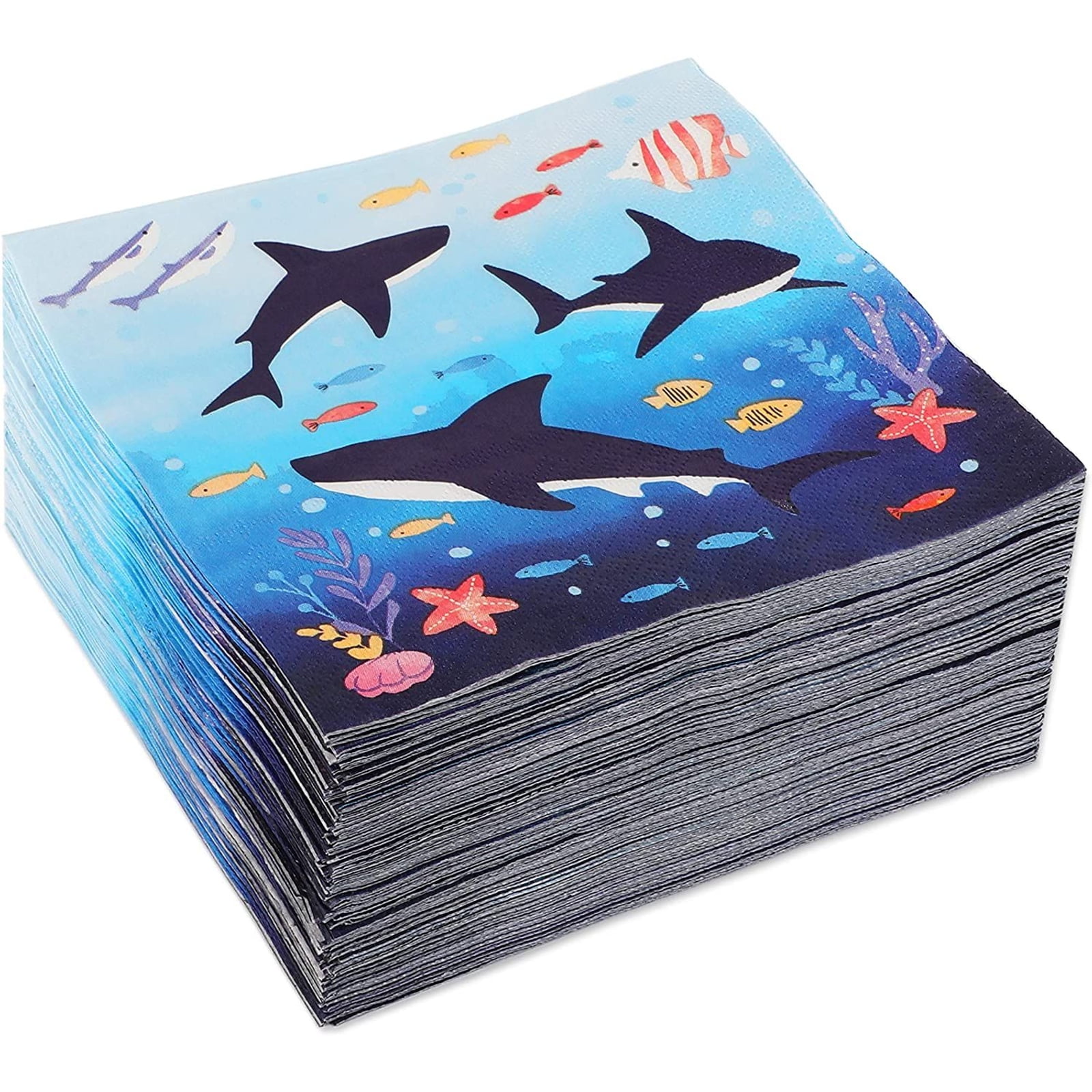 50 ct Under the Sea Shark Paper Luncheon Napkins for Ocean Kids Birthday Party Supplies Table Decorations, 6.5 in