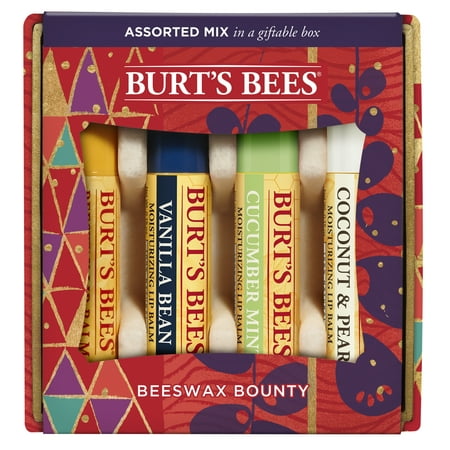 ($14 Value) Burt's Bees Bounty Assorted Mix Lip Balm Holiday Gift Set, 4 Lip Balms - Classic, Vanilla Bean, Cucumber Mint And Coconut & Pear