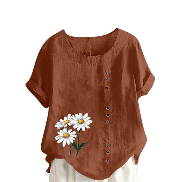 Vestidos Casuales Para Mujer, Blusas De Mujer De Moda Blusa informal de lino con botones y manga corta estampada para mujer