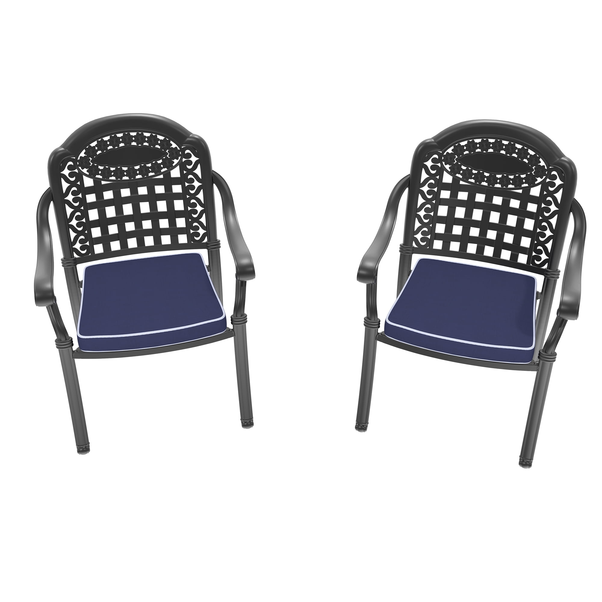 Cast Aluminum Patio Dining Chairs Set of 2 with Black Frame and Blue Cushions for Garden Deck, Black
