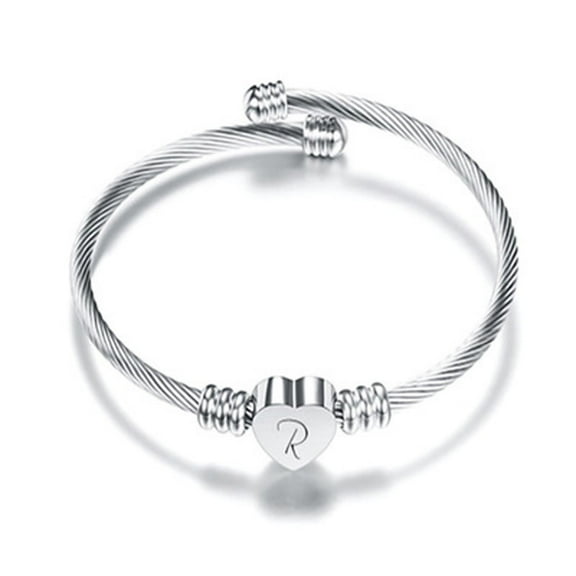 Miommo Letter R Initial Heart Bangle Bracelet Twisted Cable Wire Wristband Personalized Monogram Jewelry Valentines Day Gifts for Women Mom Wife Anniversary Birthday Holiday Present