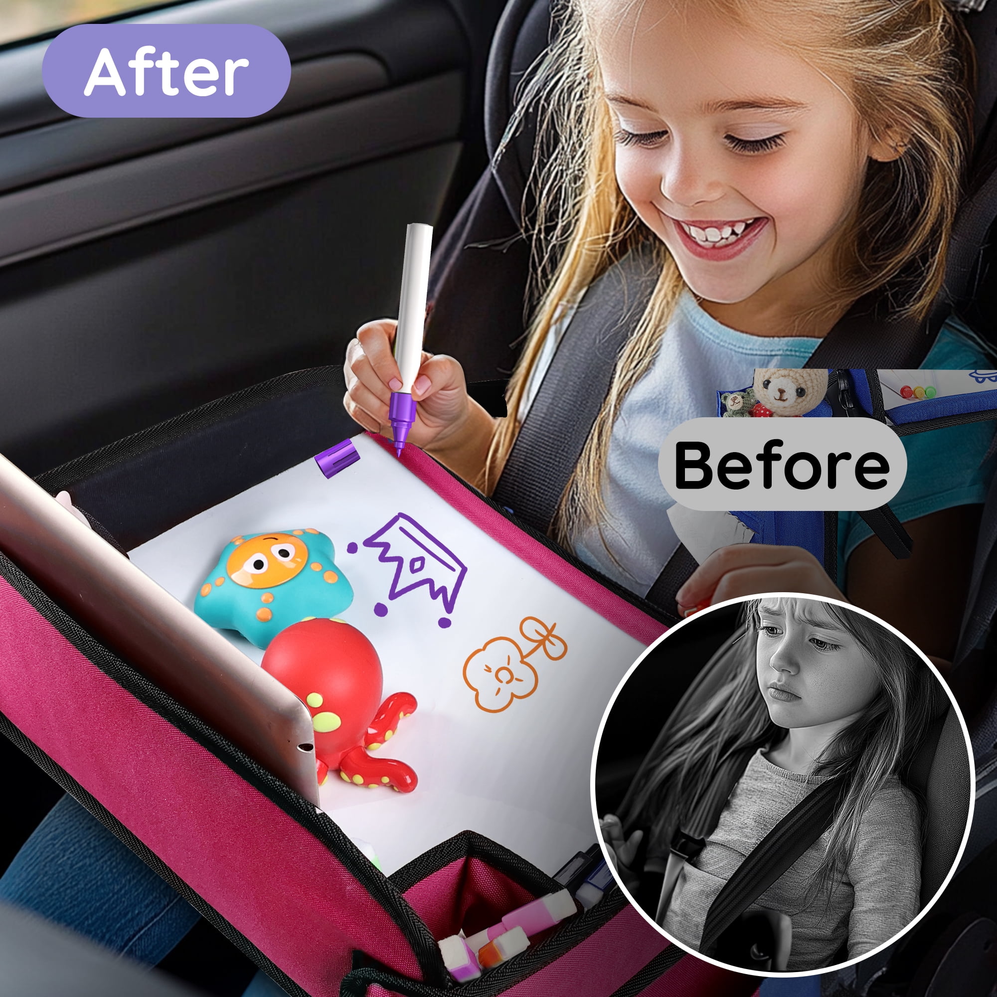 Kids Travel Tray, Play Tray For Kids Car Seat, Toddler Road Trip Essentials, Drawing Lap Tray With Storage Space for Airplane, Multifunctional Activity Tray Road Trip Must Haves For Kids , Pink
