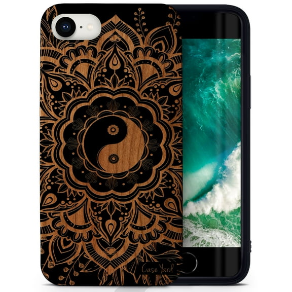 Case Yard Wooden Case for iPhone-SE Soft TPU Silicone cover Slim Fit Shockproof Wood Protective Phone Cover for Girls Boys Men and Women Supports Wireless Charging Tao Mandala Design
