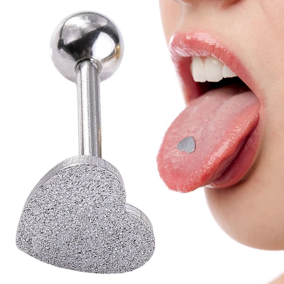 SeekLGT Tongue Rings Surgical Steel Heart Shape Body Piercing Jewelry for Women Silver Flat Tongue Piercing Stud 14G 1pc
