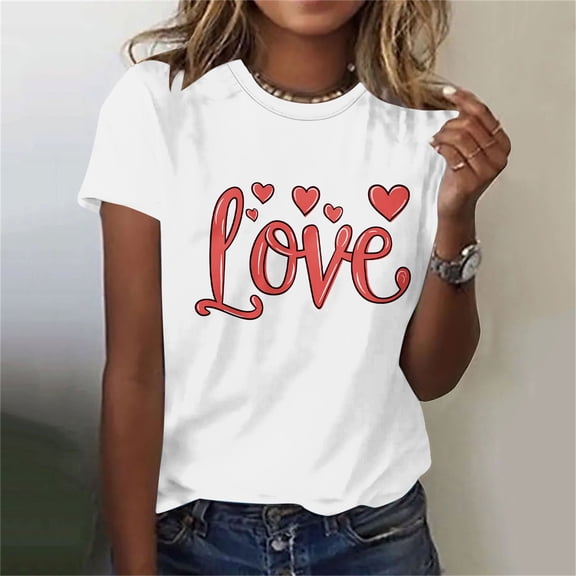 HaoXianJian Valentine's Day Shirt for Women Heart Print Short Sleeve Crew Neck Sweat Shirts Loose Fits Letter Print Graphic Pullover Tee Tops Casual Girl Friend Gift T Shirt Size 2X 3X