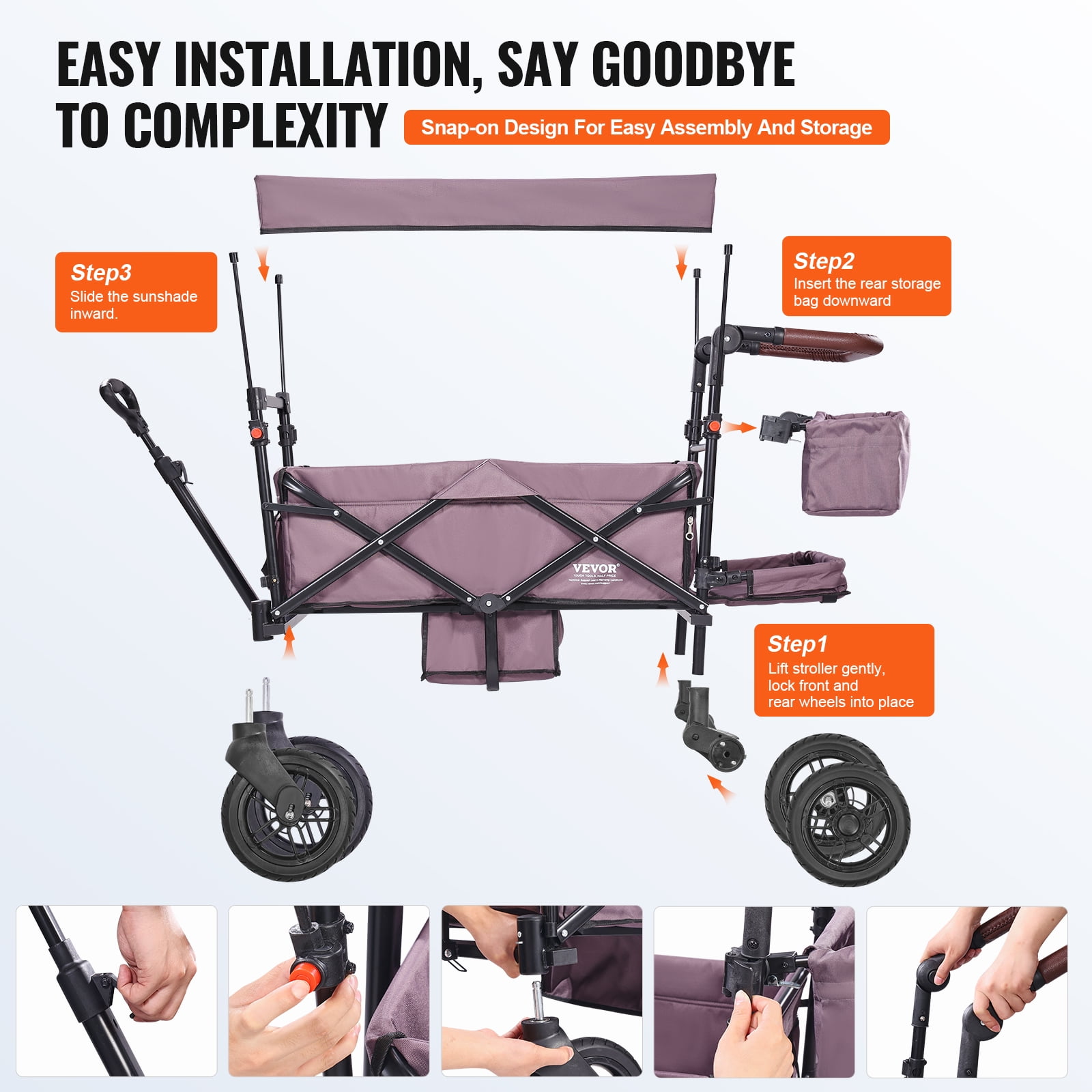 VEVOR Wagon Stroller for 2 Kids, Push Pull Quad Collapsible Stroller with Adjustable Handle, Encircling Harness Removable Canopy,4 Wheels w/Brakes,Mutifunction Tandem Stroller for Camping Dark Purple