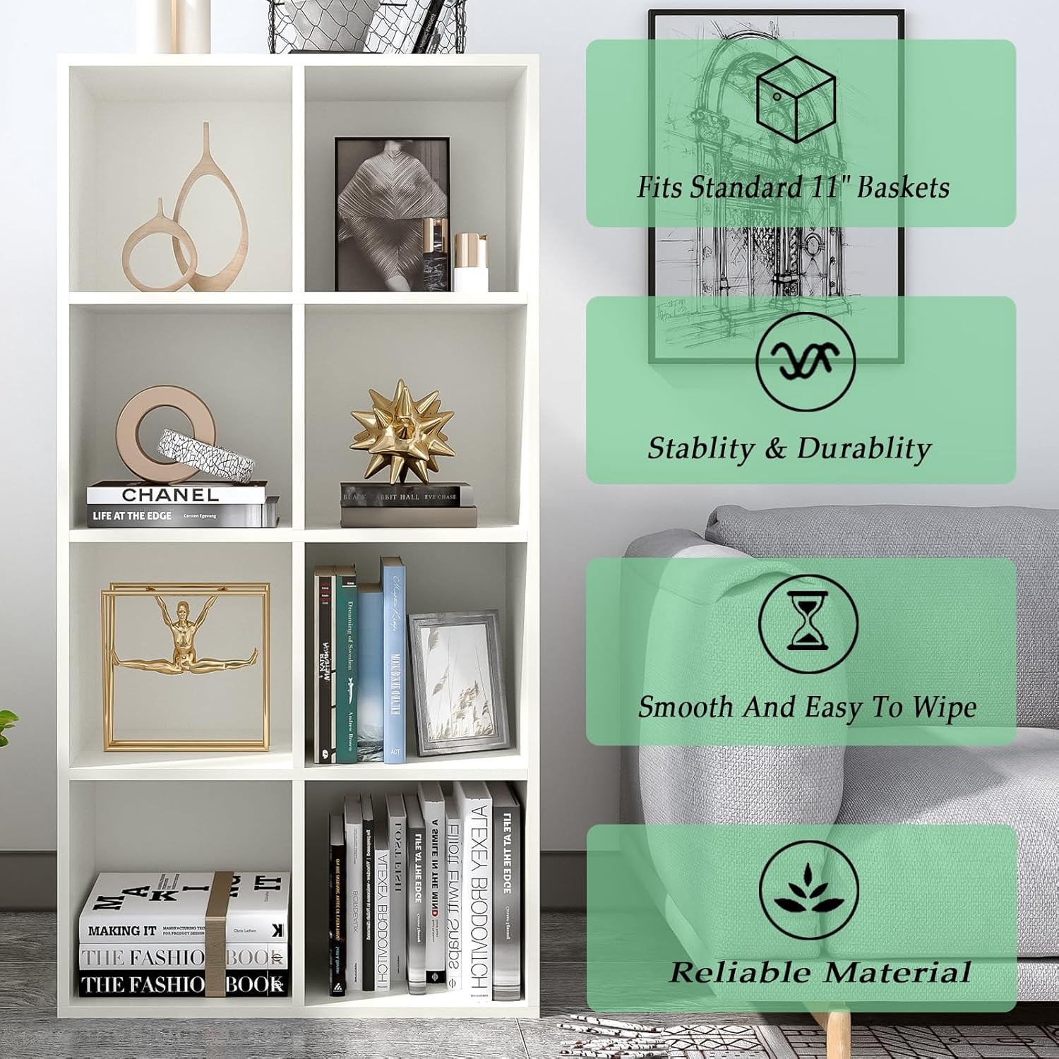 8-Cube Storage Shelf Bookcase - Wooden 4-Tier Floor Standing Open Bookshelf, Modern TV Stand up to 55 Inchs for Home and Office, Warm White