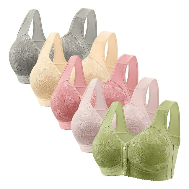 Amzcrzy 5PC Wireless Bras Comfortable Everyday Plus Size Bras Breathable Solid Color Front Closure Bras Supportive Push Up Bras 42