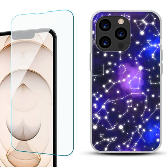 Slim-Fit Anti-Scratch Gel TPU Phone Case for iPhone 13 Pro, with Tempered Glass Screen Protector, by OneToughShield ® - Constellations