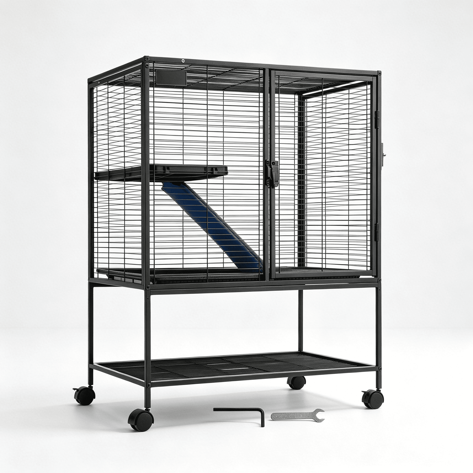 2-Tier Rolling Pet Cage for Small Animals with Ramp and Tray, Indoor Home Habitat for Ferrets Chinchillas Guinea Pigs, Black Metal Enclosure