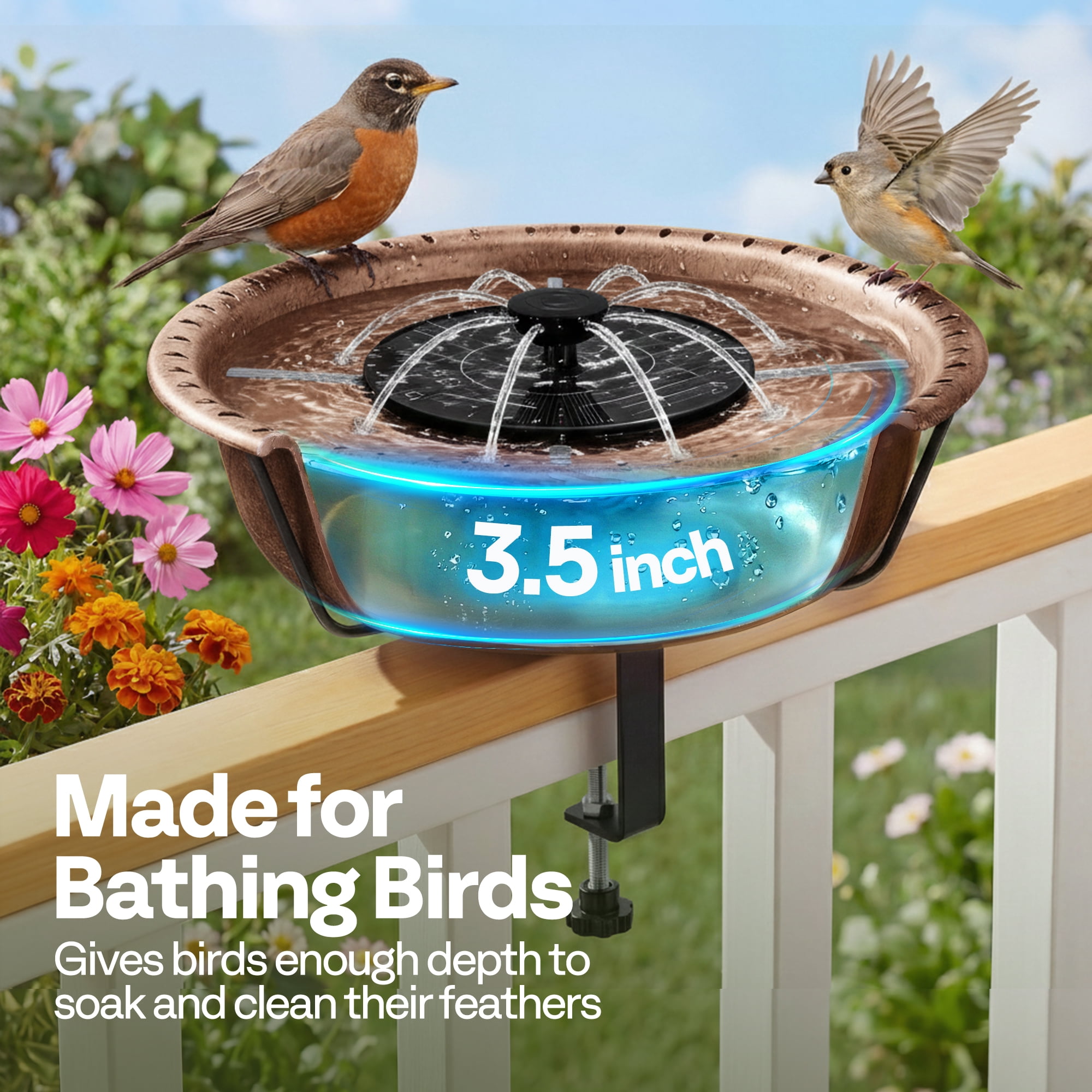 SPECSTAR Deck Mounted Bird Bath with Solar Fountain, Outdoor ABS Birdbath Bowl with Adjustable Metal Clamp, Solar Powered Pump for Railing, Fence, Balcony, 1.45 Gallons, Bronze