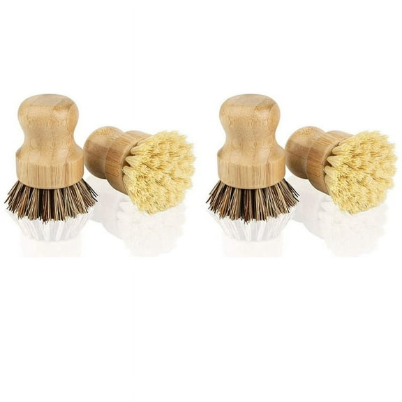 Bamboo Dish Brush 4Pcs Bamboo Mini Scrub Brush Pot Brushes Dish Scrubber for Cast Iron Skillet, Kitchen Sink, Bathroom