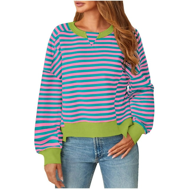 WEAIXIMIUNG Robe Chandail Femme Grande Taille Femme Col Rond Chandails Légers Manches Longues Rayé Imprimé Ample Chandail à Enfiler Chandails Haut Blouse