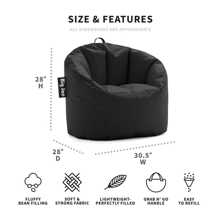 Big Joe Milano Bean Bag Chair Black Smartmax Durable Polyester Nylon Blend 2.5 feet