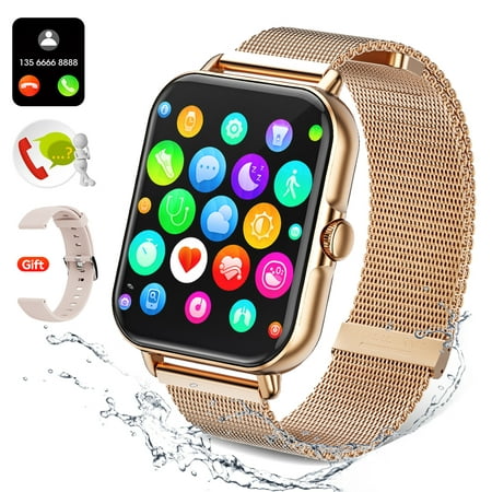 SANTOS LT21 Smart Watch Women's 1.69 inch Bluetooth Call Fitness Tracker IP67 Waterproof Smart Watch for Android Apple (Gold Steel Band)