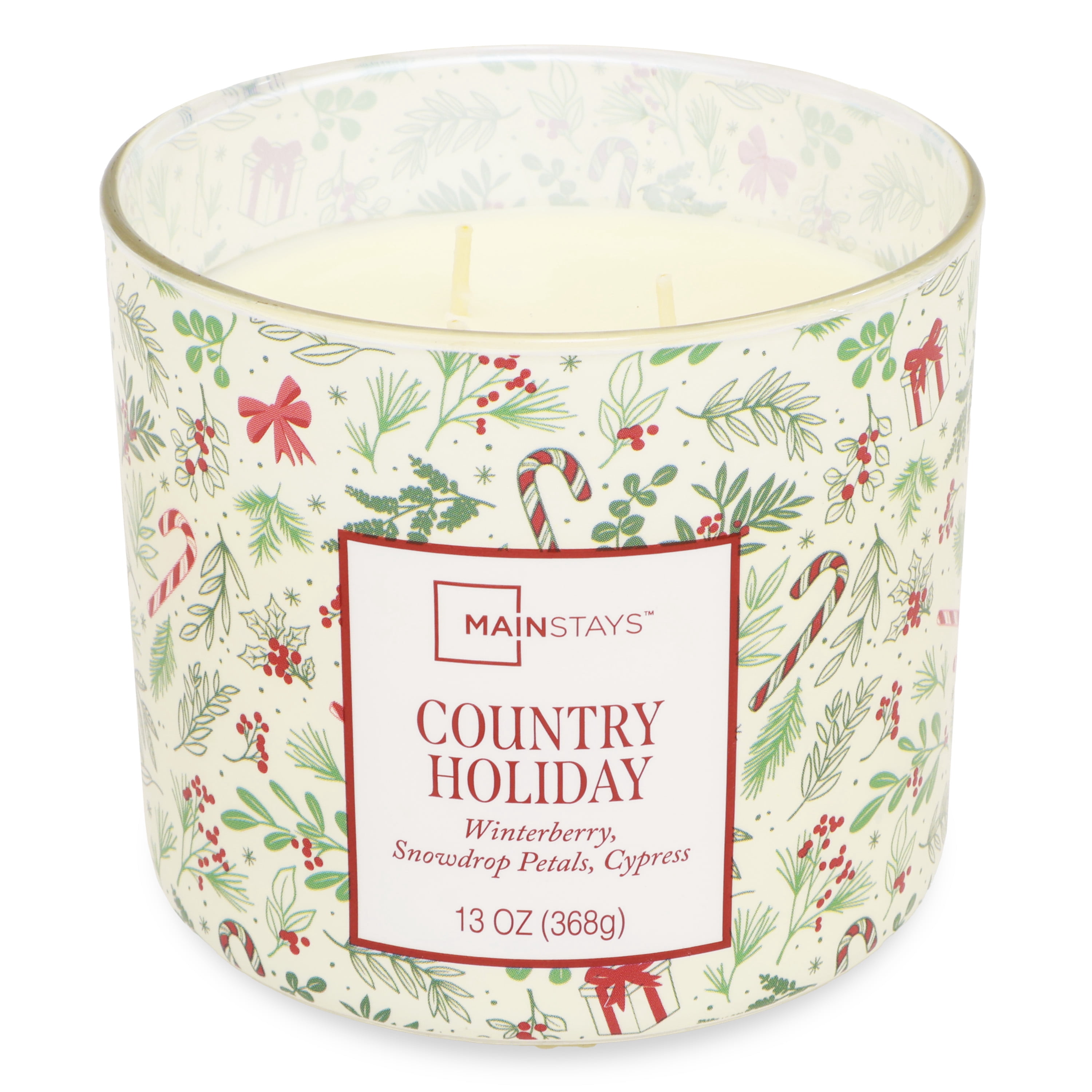 Mainstays 3-Wick Country Holiday Scented Candle with a White Garland Toss Scene Wrap, 13-Ounce