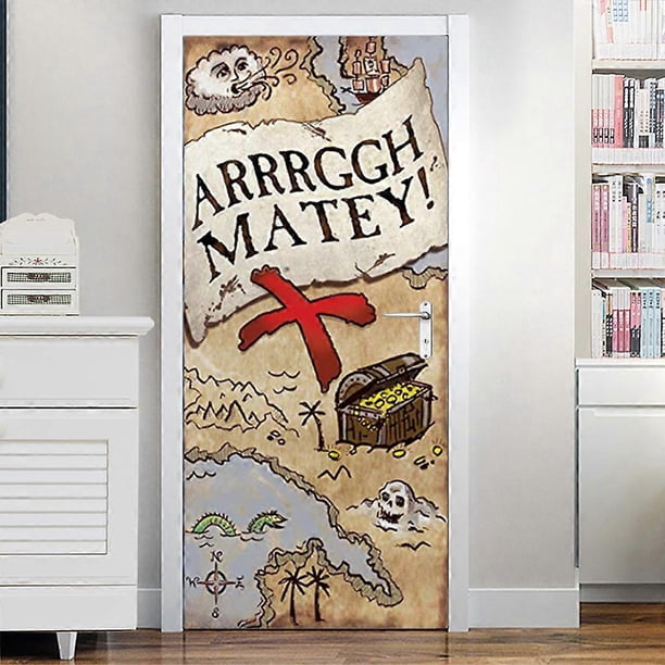 Interesting Halloween 3D Treasure Door Stickers, 30 x 79 Inch Treasure Map Realistic Door Wallpaper Sticker for Halloween Decoration, Removable Wall S