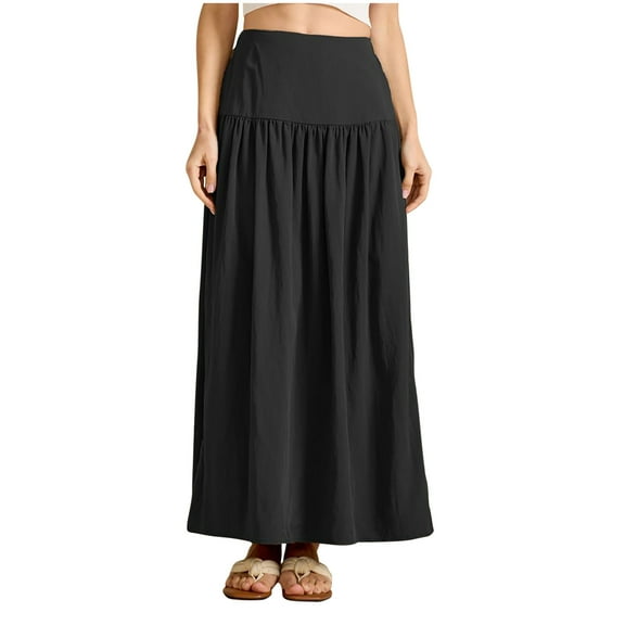 Llgiddwo Maxi Skirts for Women Fashion Solid Color Fold High Waisted Maxi Skirt with Pocket Summer Casual Beach Vacation Long Skirts for Women