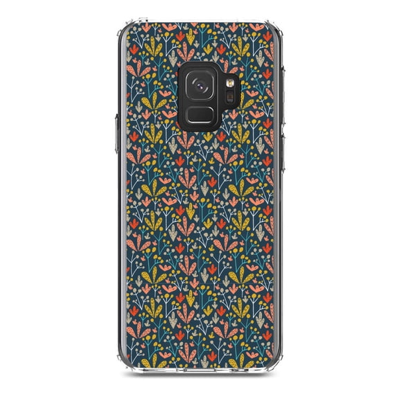 DistinctInk Clear Shockproof Hybrid Case for Samsung Galaxy S9 (5.8" Screen) - TPU Bumper, Acrylic Back, Tempered Glass Screen Protector - Modern Floral - Navy Yellow Teal