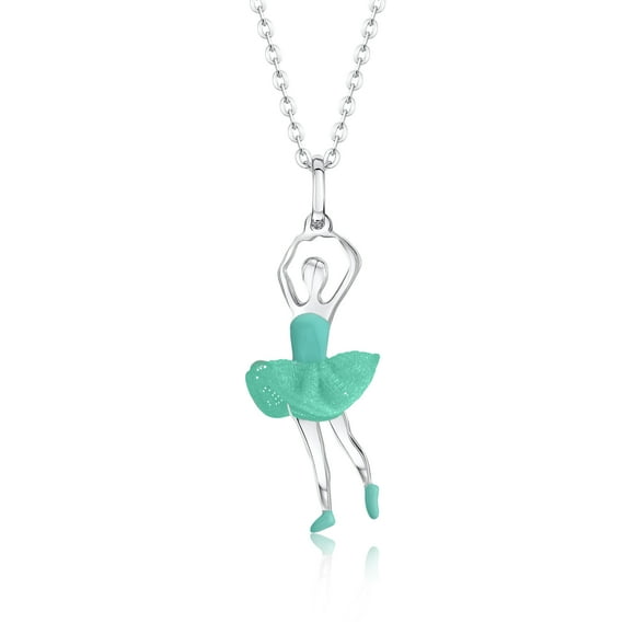 UNICORNJ Enfants Ados Collier Pendentif en Argent Sterling 925 Danseuse de Ballet Ballerine avec Tutu en Tulle Couleur Turquoise et Émail 16 Pouces Italy
