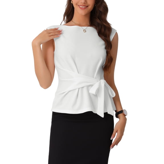 INSPIRAR CHIC Blusa de trabajo de mujer con cuello barco y mangas cortas, con lazo en la parte delantera, XS, blanca