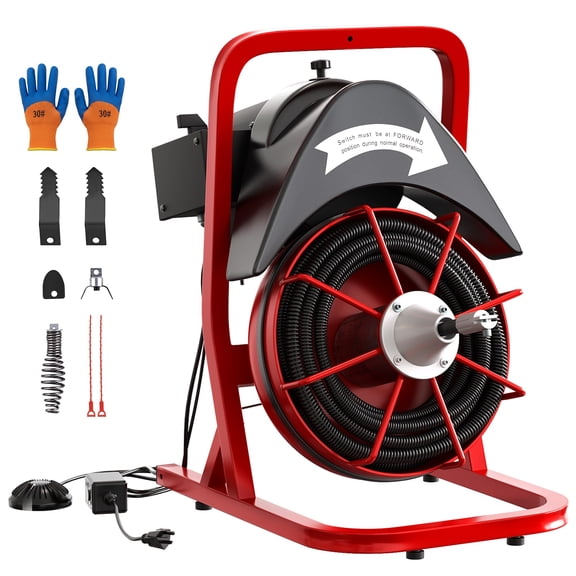Auto-Feed Sewer Snake Machine - 75Ft Electric Drain Cleaner with Wheels