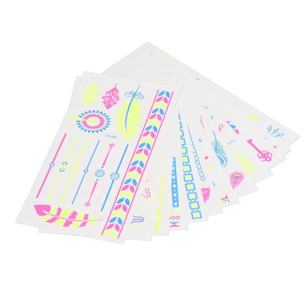 Pegatizas de Tatuaje, Suministros de Fiesta 12 Hojas de Tatuajes Fluorescentes temporales Duraderos para maquillaje