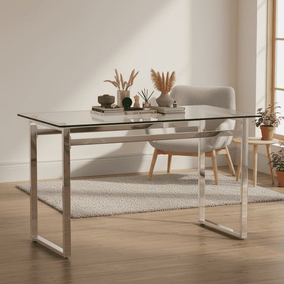 CasaGlajore 51" Tempered Glass Dining Table,  Gold, Silver or Black Metal Legs, Modern Rectangular Table for Kitchen, Office or Living Room
