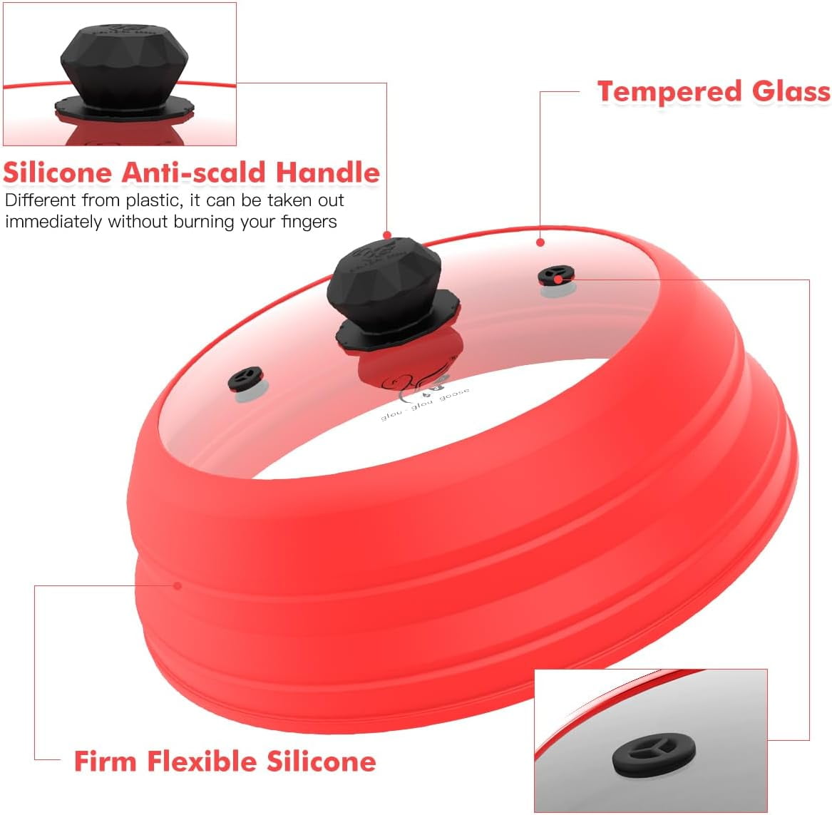 Vented Glass Splatter Guard Lid with Collapsible Silicone for Food - 11.8 inch Large Plate Cover for 6-11 inch Plate Bowl - Red