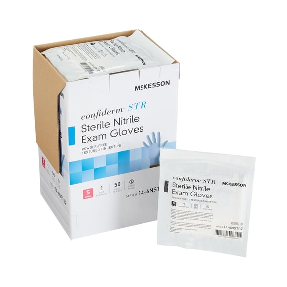 McKesson Confiderm STR Disposable Sterile Pair Nitrile Exam Glove Standard Cuff Length SMALL 14-6NSTR2 200 per Case